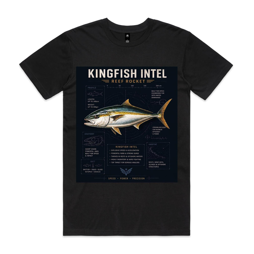 Black Voltare Kingfish Reef Rocket fishing tee featuring silver-and-gold kingfish artwork, Kingfish Intel lettering and illustrated profile, anatomy, diet and habitat panels