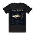 Black Voltare Kingfish Reef Rocket fishing tee featuring silver-and-gold kingfish artwork, Kingfish Intel lettering and illustrated profile, anatomy, diet and habitat panels