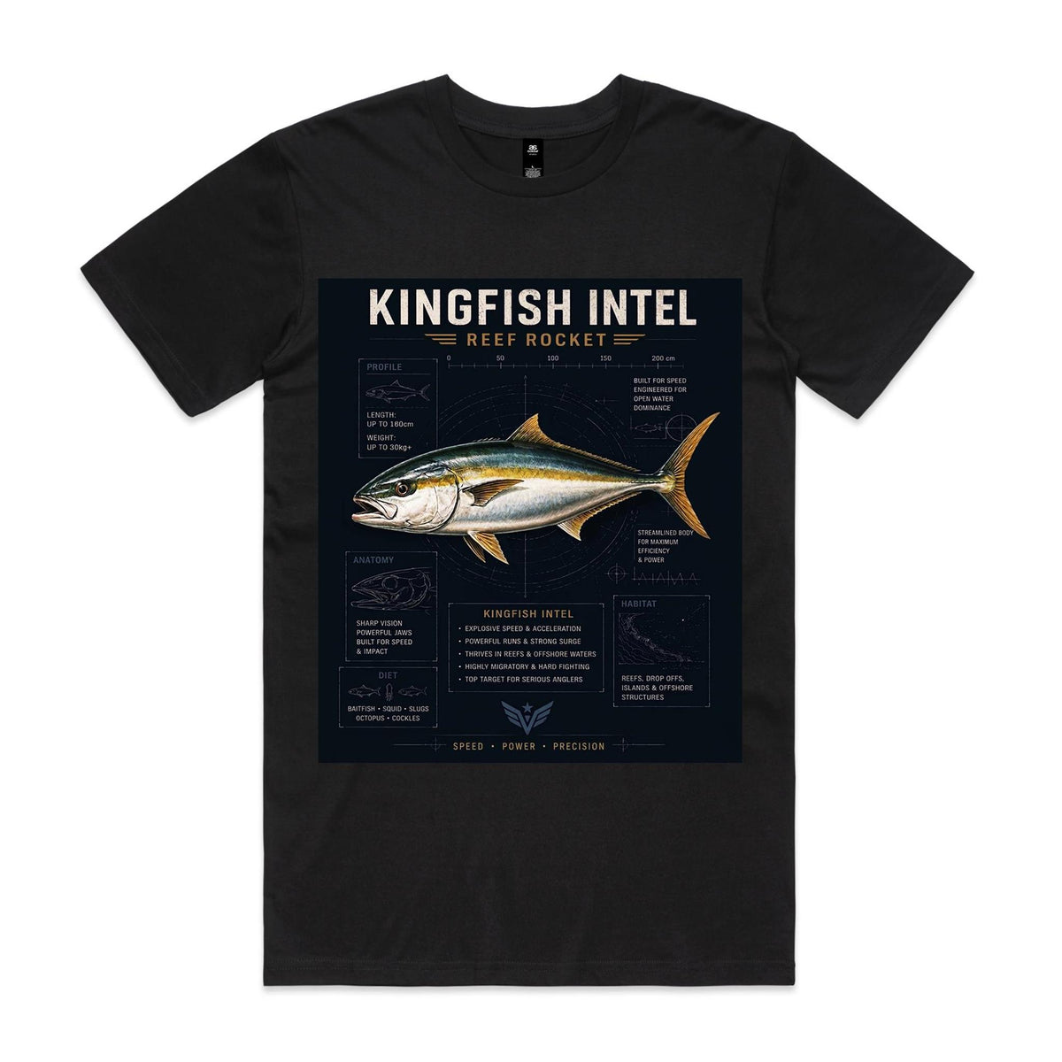 Black Voltare Kingfish Reef Rocket fishing tee featuring silver-and-gold kingfish artwork, Kingfish Intel lettering and illustrated profile, anatomy, diet and habitat panels