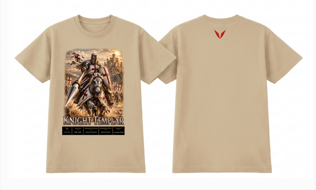Front and back artwork preview of the Voltare Knight Templar tee showing mounted knight artwork and a deep-red Voltare V on a beige garment

