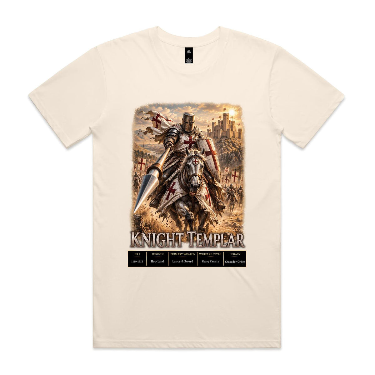 Ecru Voltare Knight Templar tee featuring a mounted knight with a lance and red-cross shield, castle scenery and historical fact panels