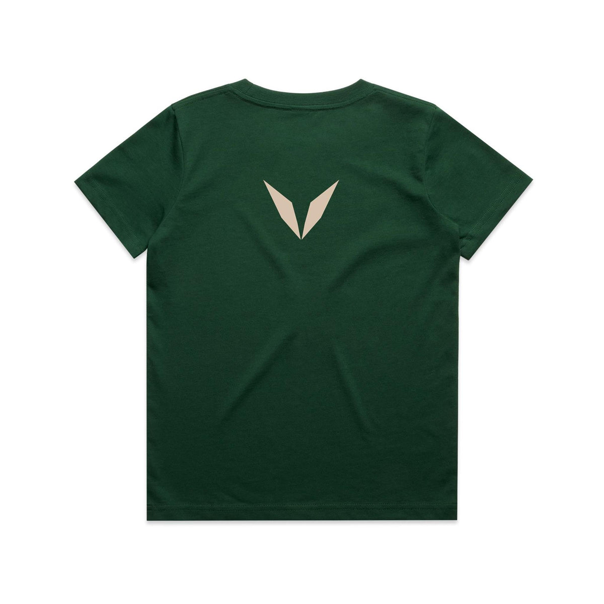 Back of Voltare Koala Tiny Explorers kids tee in Forest Green with soft beige Voltare V logo