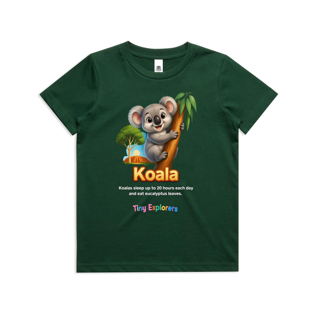 Front of Voltare Koala Tiny Explorers kids tee in Forest Green with koala artwork and sleeping and eucalyptus fact
