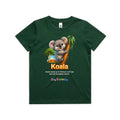 Front of Voltare Koala Tiny Explorers kids tee in Forest Green with koala artwork and sleeping and eucalyptus fact