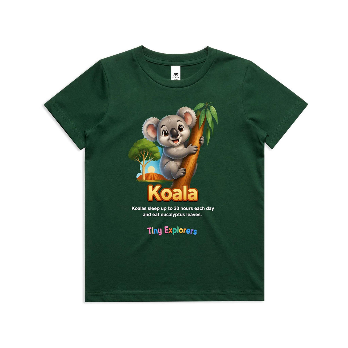 Front of Voltare Koala Tiny Explorers kids tee in Forest Green with koala artwork and sleeping and eucalyptus fact