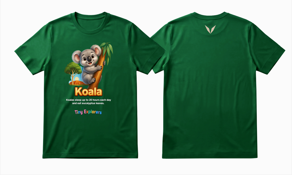 Front and back design preview of Voltare Koala Tiny Explorers kids tee on a green shirt with koala artwork and soft beige Voltare V logo

