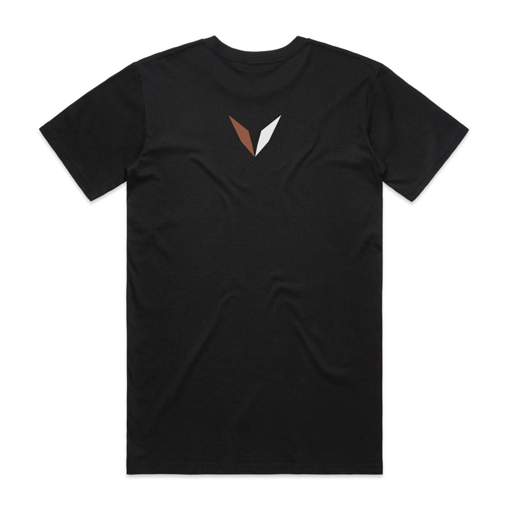 Back of Voltare Black Kookaburra T-shirt with a brown-and-white Voltare V on the upper back.