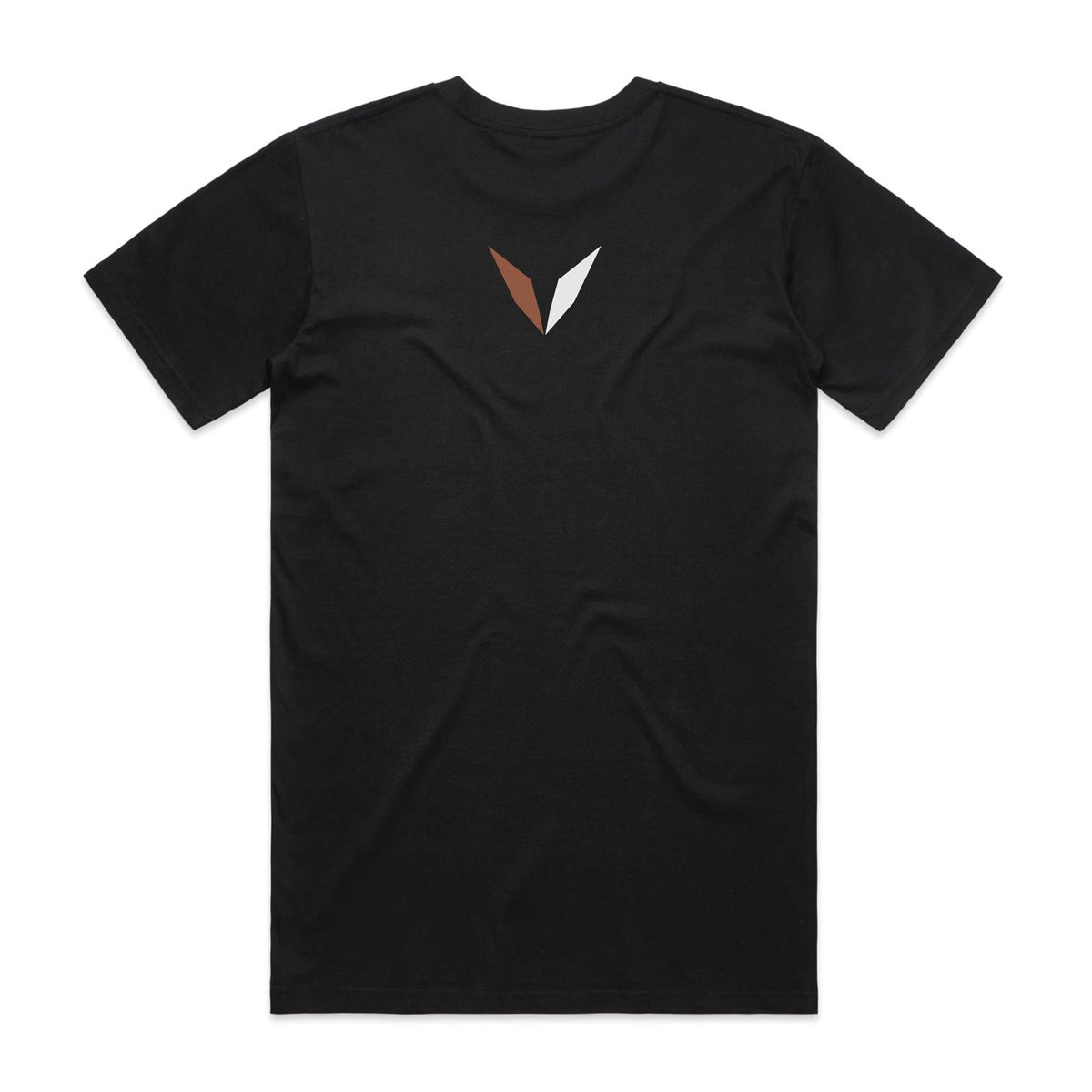 Back of Voltare Black Kookaburra T-shirt with a brown-and-white Voltare V on the upper back.