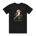 Front of Voltare Black Kookaburra T-shirt featuring a cream-and-brown bird with blue wing accents perched on a eucalyptus branch.