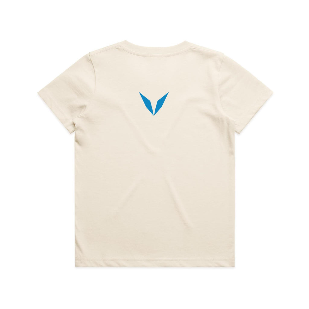 Back of Voltare Kookaburra Tiny Explorers kids tee in Ecru with blue Voltare V logo