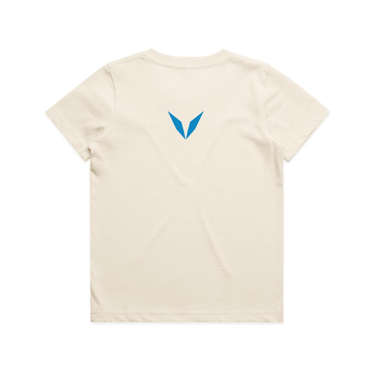 Back of Voltare Kookaburra Tiny Explorers kids tee in Ecru with blue Voltare V logo