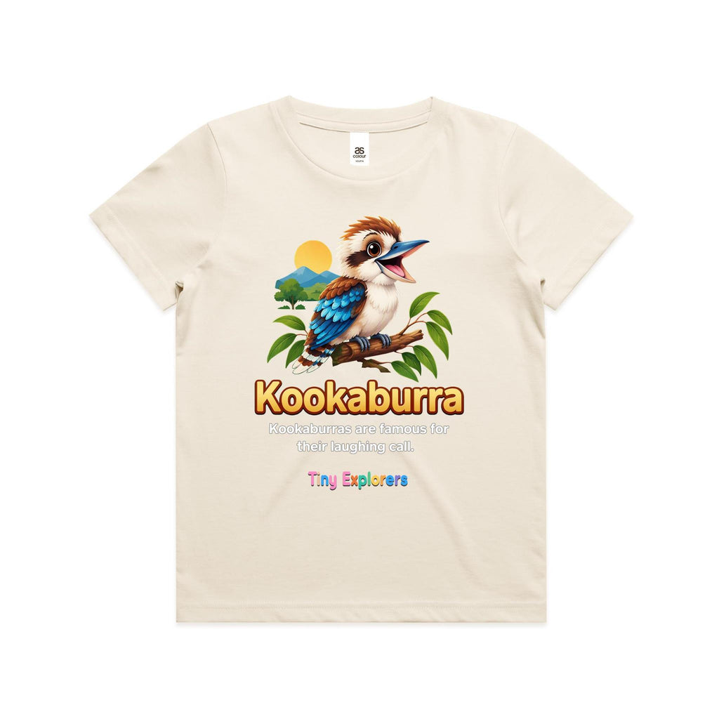 Front of Voltare Kookaburra Tiny Explorers kids tee in Ecru with kookaburra artwork and laughing-call fact