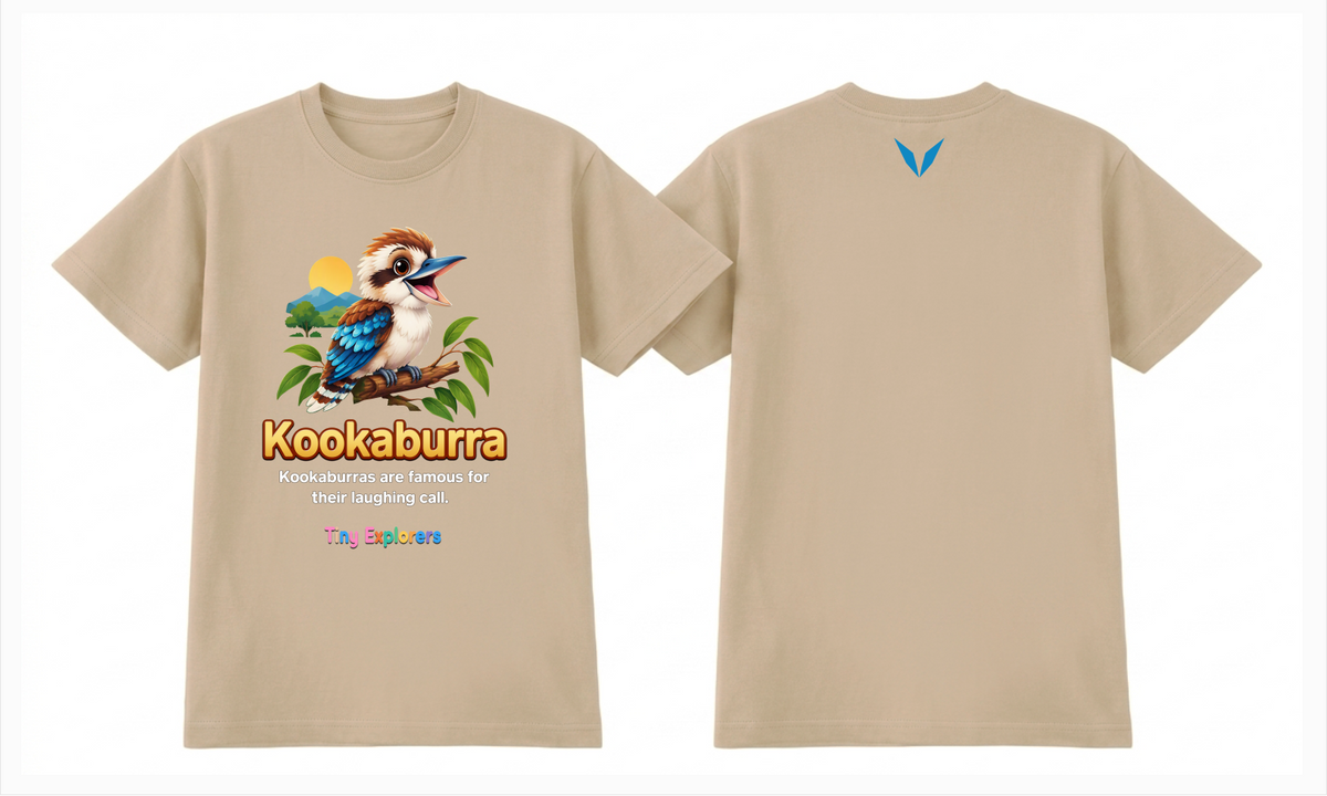 Front and back design preview of Voltare Kookaburra Tiny Explorers kids tee on a beige shirt with blue Voltare V logo