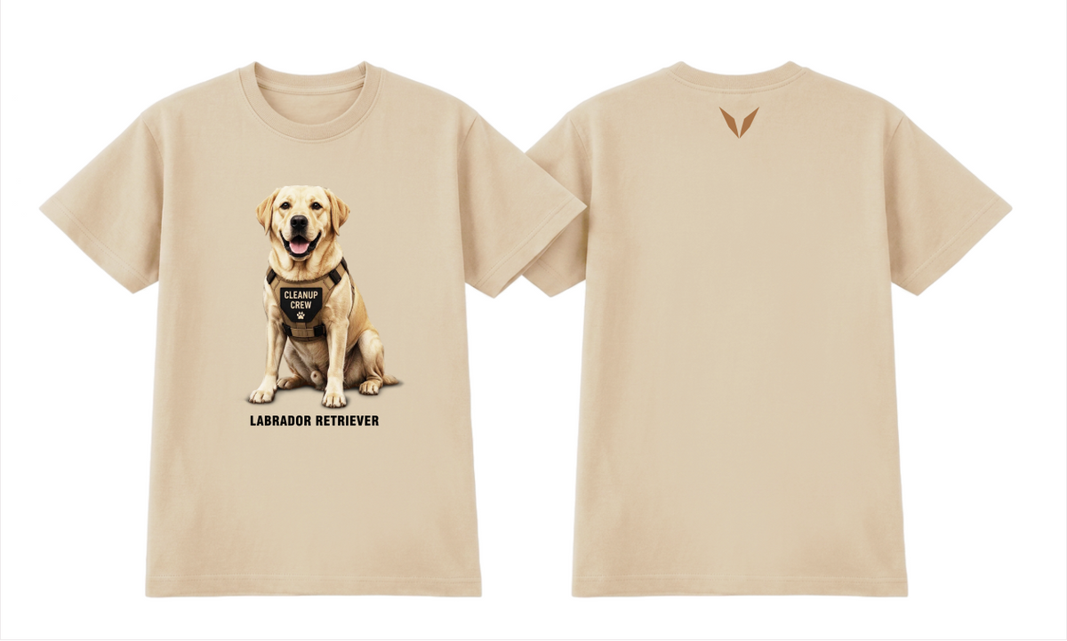 Front and back preview of the Ecru Voltare Labrador Retriever Cleanup Crew tee, showing Labrador artwork and lettering on the front and a tan-brown V on the back.