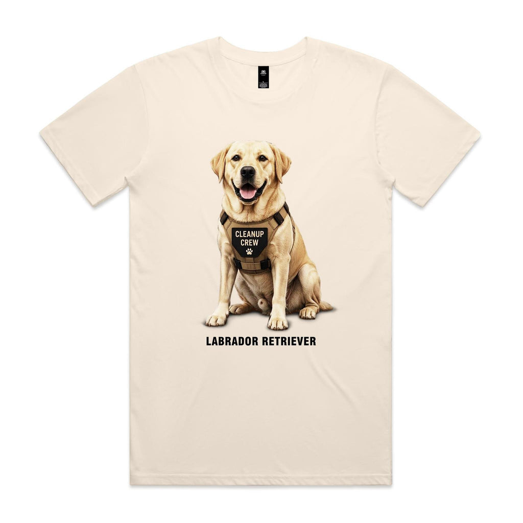 Ecru Voltare adult tee featuring a golden Labrador Retriever wearing a tan harness with a Cleanup Crew badge, paw-print detail and black Labrador Retriever lettering.