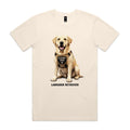 Ecru Voltare adult tee featuring a golden Labrador Retriever wearing a tan harness with a Cleanup Crew badge, paw-print detail and black Labrador Retriever lettering.