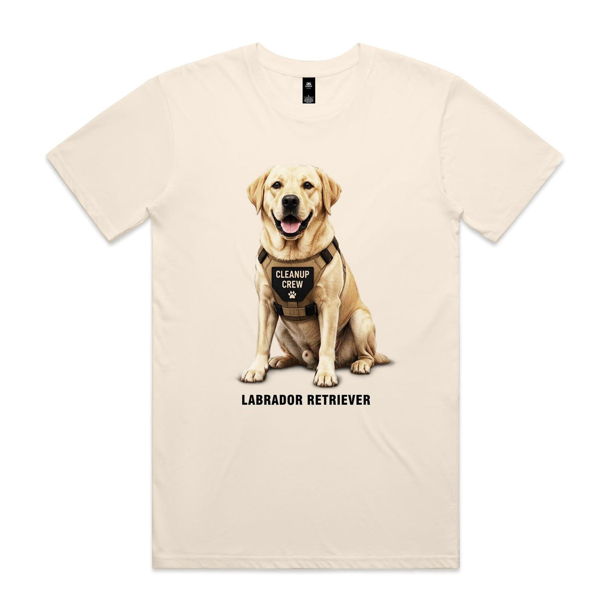 Ecru Voltare adult tee featuring a golden Labrador Retriever wearing a tan harness with a Cleanup Crew badge, paw-print detail and black Labrador Retriever lettering.