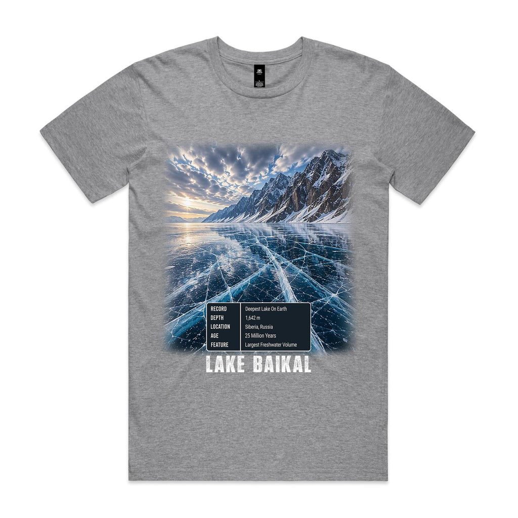 Voltare Lake Baikal grey marle t-shirt front view with snowy shoreline and mountain artwork above cracked turquoise ice and a Lake Baikal facts panel