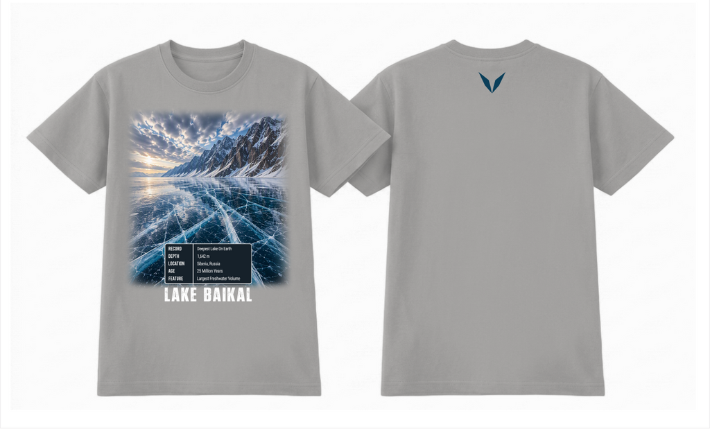 Voltare Lake Baikal grey marle t-shirt showing the front icy lake design and the back teal blue Voltare V logo together