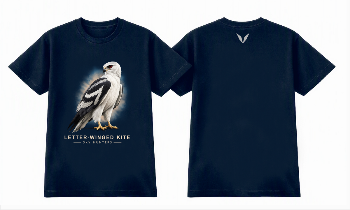 Front and back views of the midnight blue Voltare Letter-winged Kite Sky Hunters T-shirt, with pale kite artwork and bold black wing markings on the front and a small grey Voltare V logo on the upper back.