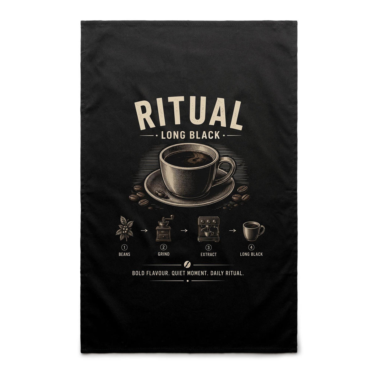 Voltare Long Black Ritual black tea towel with cream lettering, black coffee cup and saucer, coffee beans and illustrated coffee-making steps