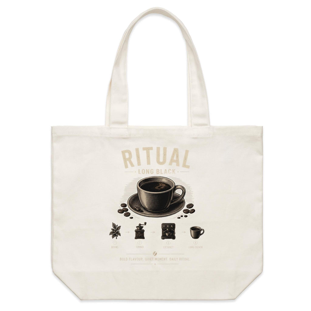 Back of Voltare Long Black Ritual natural canvas tote bag with matching black coffee cup, saucer, coffee beans and illustrated brewing steps