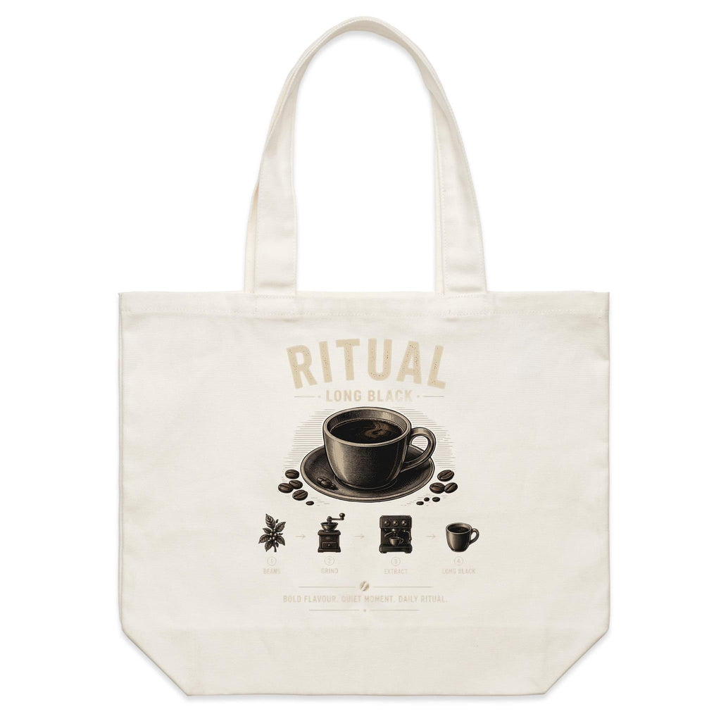 Front of Voltare Long Black Ritual natural canvas tote bag with black coffee cup, saucer, coffee beans and illustrated brewing steps