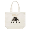 Front of Voltare Long Black Ritual natural canvas tote bag with black coffee cup, saucer, coffee beans and illustrated brewing steps