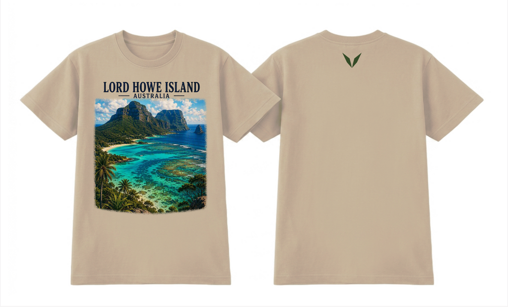 Front and back preview of the Ecru Voltare Lord Howe Island Turquoise Lagoon tee with mountain and lagoon artwork and a forest-green back V