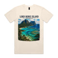 Ecru Voltare Lord Howe Island tee featuring green mountain peaks above a turquoise lagoon and sandy bays beneath Lord Howe Island Australia lettering
