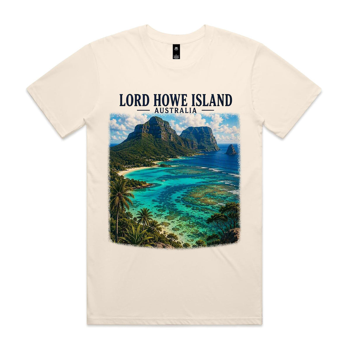 Ecru Voltare Lord Howe Island tee featuring green mountain peaks above a turquoise lagoon and sandy bays beneath Lord Howe Island Australia lettering