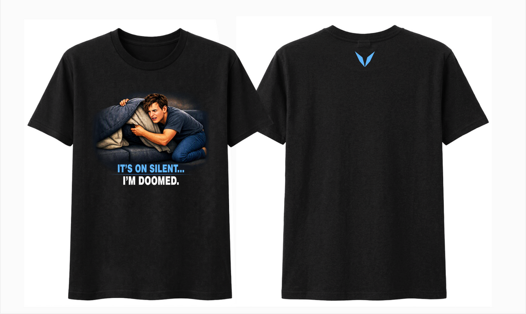  Front and back of Voltare Lost Phone on Silent black tee showing the humorous sofa graphic and blue Voltare V logo