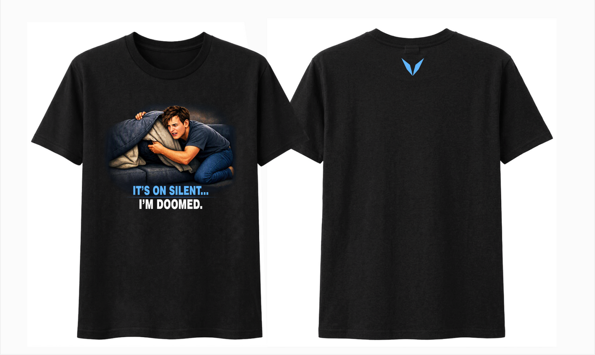  Front and back of Voltare Lost Phone on Silent black tee showing the humorous sofa graphic and blue Voltare V logo