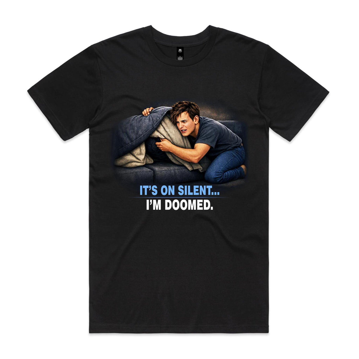 Voltare Lost Phone on Silent black tee featuring a man searching sofa cushions with It's on silent, I'm doomed text