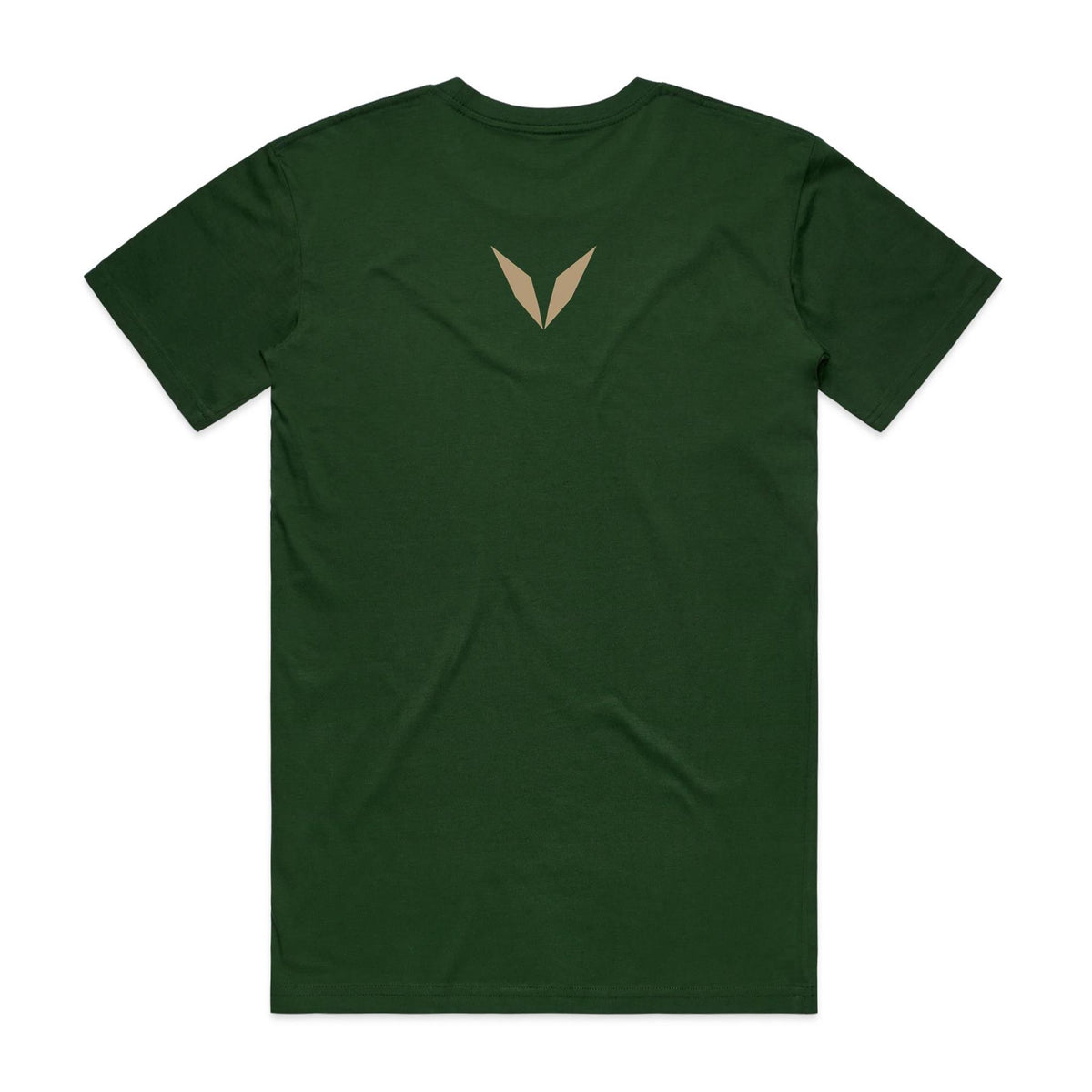Back view of the Voltare Machu Picchu Cloud Citadel tee in Forest Green with a sandy-gold Voltare V high on the back
