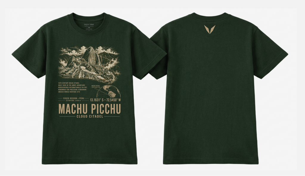 Front and back of the Forest Green Voltare Machu Picchu Cloud Citadel tee, showing citadel and mountain artwork above facts, a Peru map, coordinates and landmark lettering, with a sandy-gold Voltare V high on the back