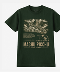 Front of the Forest Green Voltare Machu Picchu Cloud Citadel tee, featuring sandy-gold citadel and mountain artwork above historical facts, a Peru location map, coordinates and Machu Picchu Cloud Citadel lettering