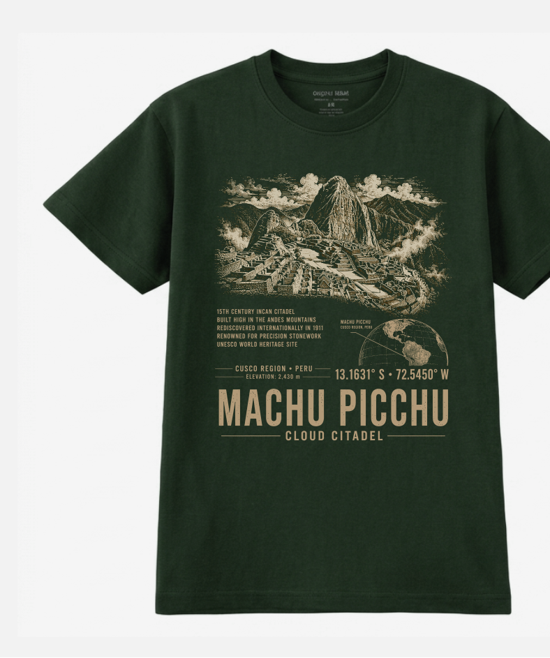 Front of the Forest Green Voltare Machu Picchu Cloud Citadel tee, featuring sandy-gold citadel and mountain artwork above historical facts, a Peru location map, coordinates and Machu Picchu Cloud Citadel lettering