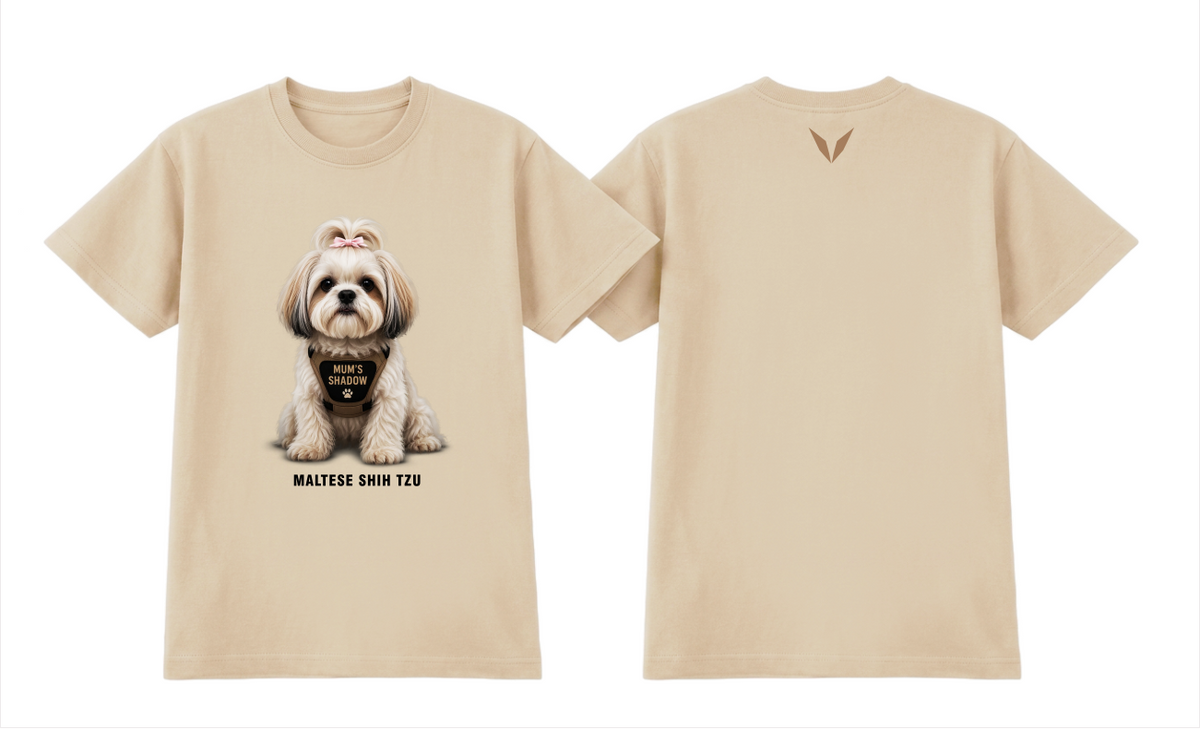 Front and back preview of the Ecru Voltare Maltese Shih Tzu Mum’s Shadow tee with dog artwork, a pink bow and warm tan back V