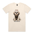Ecru Voltare Maltese Shih Tzu tee featuring a cream-and-tan dog with a pink bow and Mum’s Shadow wording on its harness