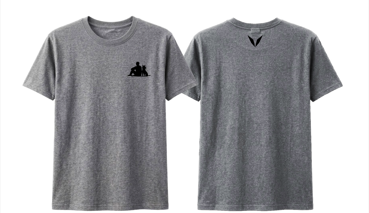 Front and back of the Grey Marle Voltare Man and Dog Companionship tee with a black man-and-dog chest silhouette and matching back V