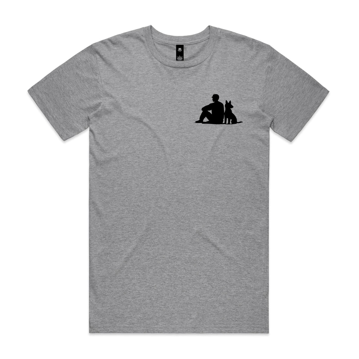 Front of the Grey Marle Voltare Man and Dog Companionship tee with a black silhouette of a seated man beside his dog on the left chest