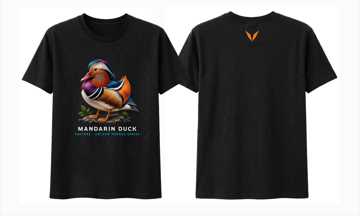 Front and back preview of the black Voltare Mandarin Duck Colour Heroes Worldwide T-shirt, with duck artwork on the front and an orange Voltare V on the back.