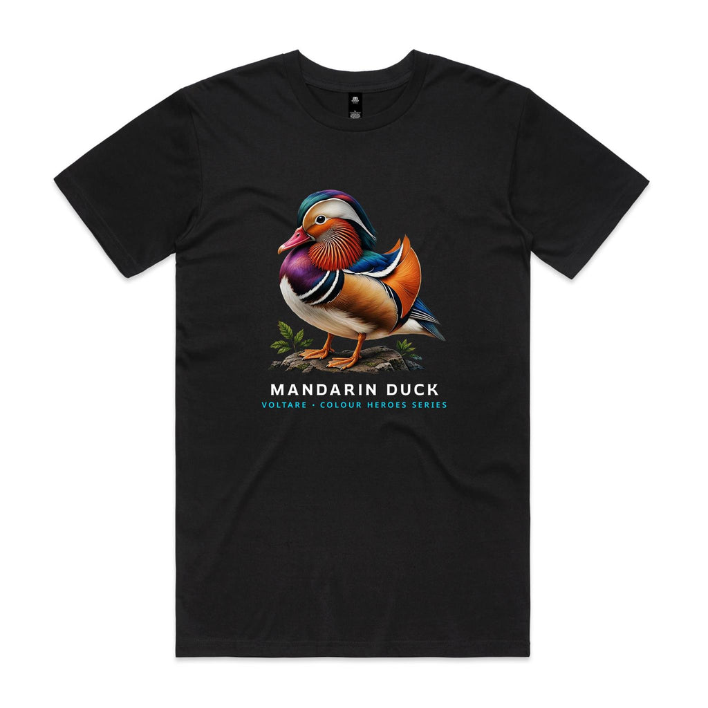 Front of the black Voltare Mandarin Duck Colour Heroes Worldwide T-shirt with a colourful duck, orange sail-like feathers and teal-blue plumage, standing on a rock.