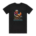 Front of the black Voltare Mandarin Duck Colour Heroes Worldwide T-shirt with a colourful duck, orange sail-like feathers and teal-blue plumage, standing on a rock.
