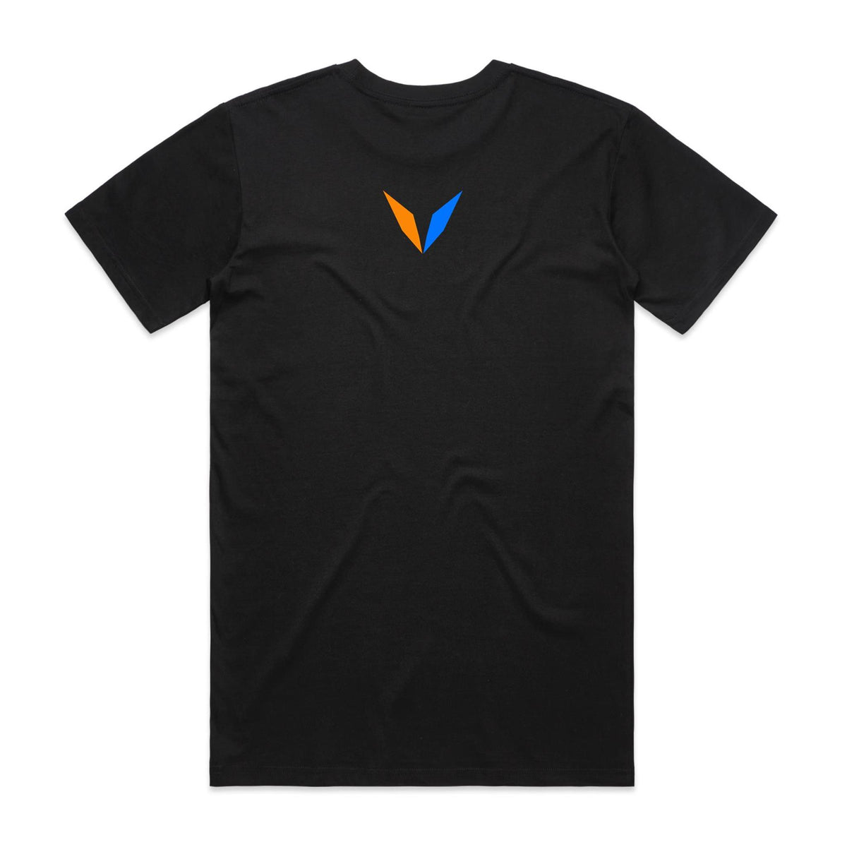Back of Voltare Black Mandarin Fish T-shirt with an orange-and-blue Voltare V on the upper back.