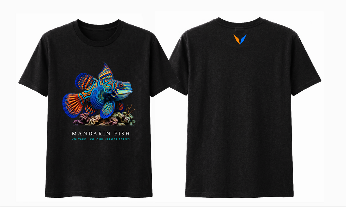 Combined front and back preview of Voltare Black Mandarin Fish T-shirt with colourful reef fish artwork and an orange-and-blue Voltare V.