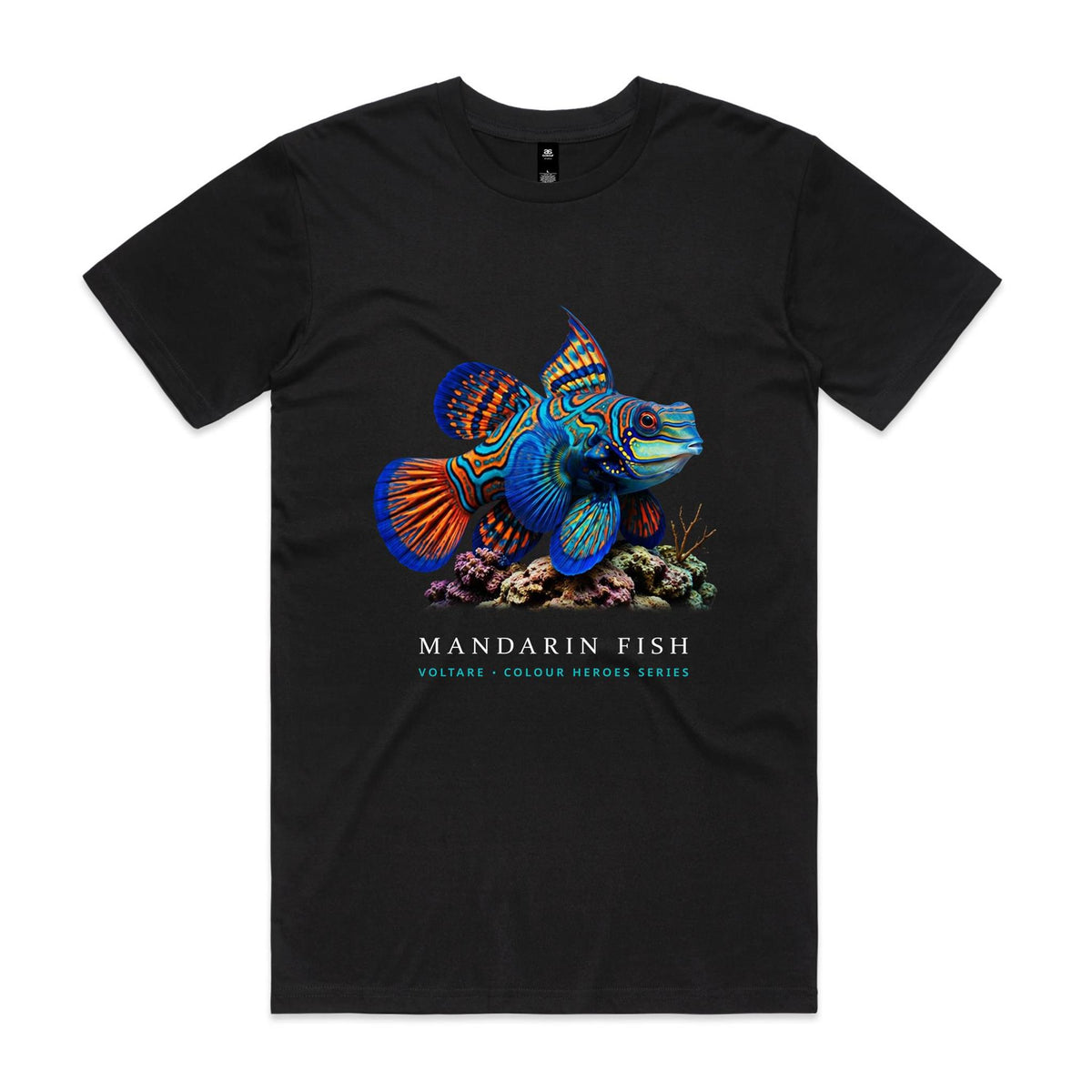 Front of Voltare Black Mandarin Fish T-shirt featuring a blue, turquoise and orange fish above coral.
