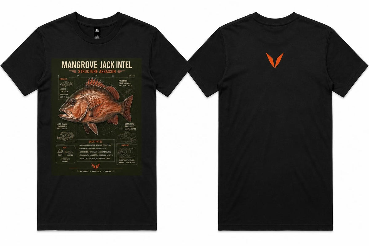 Front and back views of the black Voltare Mangrove Jack Structure Assassin T-shirt, with bronze-red Mangrove Jack Intel artwork and a small orange Voltare V logo on the upper back.