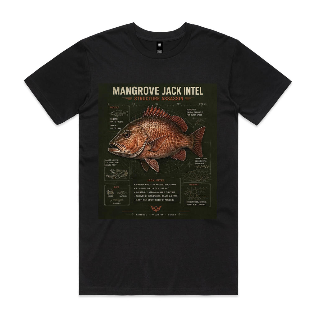 Front of the black Voltare Mangrove Jack Structure Assassin T-shirt with a bronze-red illustrated mangrove jack and a Mangrove Jack Intel panel covering its profile, anatomy, diet and habitat.